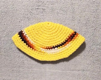 Crocheted Yarmulke Kippot Kippah Frik Cotton Yellow with Mixed Color Stripe 8 inches