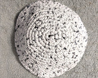 Yarmulke Kippot Kippah Frik Crocheted Cotton White Black Grey Specks  8.5 inches