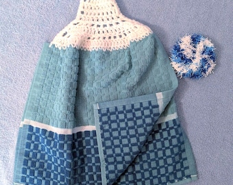 Handmade Crochet Hanging Kitchen Towel with Scrub Pad – Blue, Teal, White with Loop Hanger