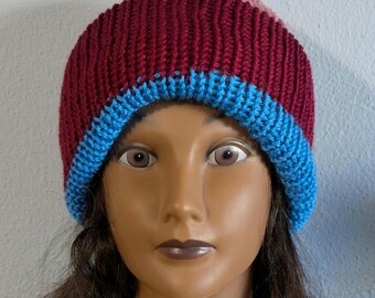 Machine Knit  Beanie: Double Thick Reversible Winter Hat Multi Color