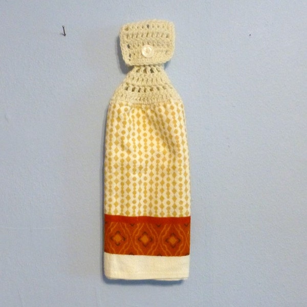 Uncut Crochet Button Top Hanging Kitchen Towel Double Layered White Orange Gold Rust Fall Colors