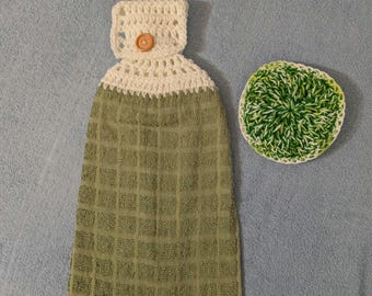 Handmade Crochet Hanging Kitchen Towel Set: Olive Green, White Scrub Pad