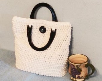 Heavy Duty Bag with Handles Button Closure  Cotton Yarn and Rope White Shades Crochet Tote