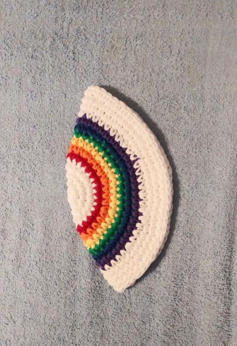 Yarmulke Kippot Kippah Frik Crocheted Cotton White with Rainbow 7.5 inches image 1