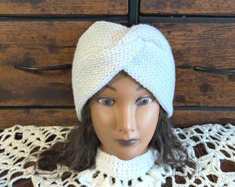 Ear Warmer, Head Band, Twisted Head Wrap, Double Layered Knit, Color White