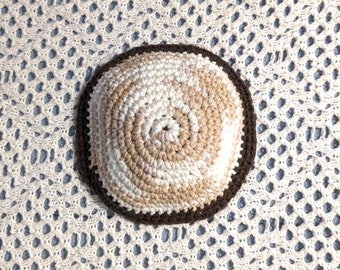Yarmulke Kippot Kippah Frik Crocheted Cotton Off White Tan Brown Trim 7 inches
