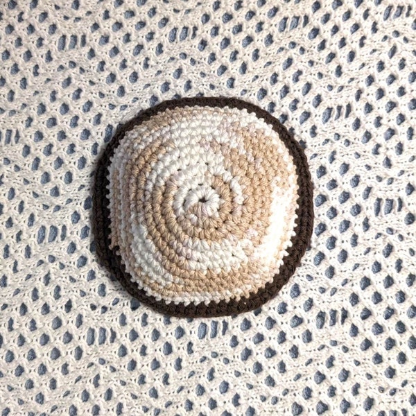 Yarmulke Kippot Kippah Frik Crocheted Cotton Off White Tan Brown Trim 7 inches