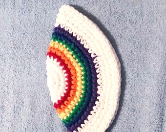 Yarmulke Kippot Kippah Frik Crocheted Cotton White with Rainbow   7.5 inches