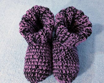 Crochet Slipper Socks Booties Black and Orchid  Size 7/8