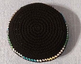 Yarmulke Kippot Kippah Frik Crocheted Cotton Black and Olive Green White Yellow Blue Mixed Trim 8 inches