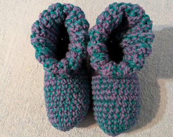 Adult / Teen Crochet Slipper Socks - Teal Green and Lavender Purple Size 7/8