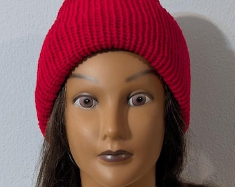 Machine Knit Cap Beanie: Double Thick Reversible Winter Hat Holly Berry