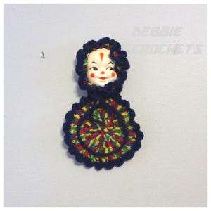 Clown Doll Face with Crocheted Pot Holder Trivet Decoration Retro Look