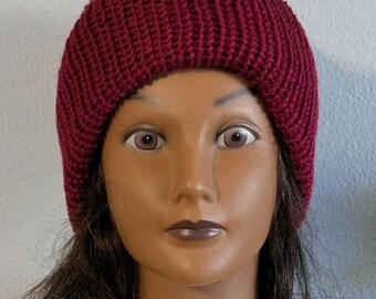 Machine Knit  Beanie: Double Thick Reversible Winter Hat Burgundy