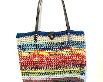 Handmade Multi-Color Crochet Tote Bag with Handles and Snap Closure