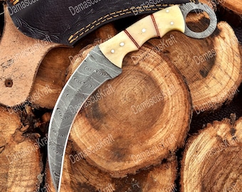 Handmade Damascus Double Edge knife with sheath | Hunting knife | Fixed Karambit blade knife | Personalized Gifts for Him | Christmas Gift