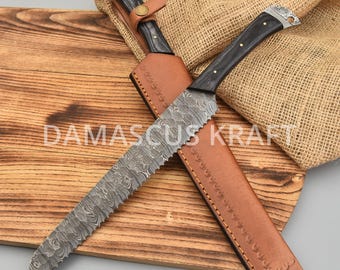 Couteau à pain 15" fait main en acier damas couteau à pain dentelé couteau à pain bord ondulé cadeau personnalisé cadeau d'anniversaire cadeau d'anniversaire