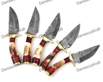 Personalized Set for Groomsmen Damascus Steel Hunting knife Handle Deer Antler The Handle Color could be different then Pics Groomsman gift