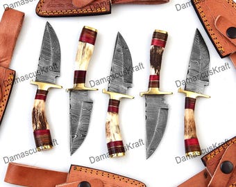 Personalized Set for Groomsmen Damascus Steel Hunting knife Handle Deer Antler The Handle Color could be different then Pics Groomsman gif
