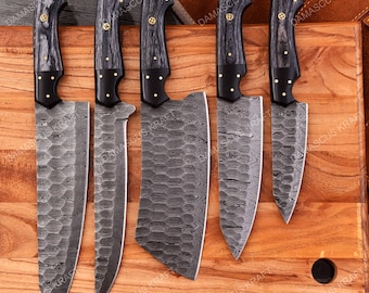Damascus Steel Chef Set, Hand Forged Damascus Chef Set, Damascus Chef Knife, Kitchen Knife, Handmade Damascus Steel BBQ Knife Set Gift MEN