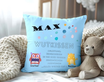 Almohada de peluche "Almohada enojada", almohada personalizada, funda de almohada con nombre, para nacimiento, cumpleaños, bautismo, regalo de almohada