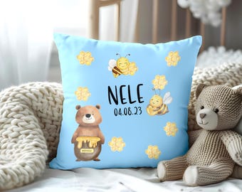 Cuddly pillow bear and bees, personalized pillow, pillowcase with name and date, for birth, birthday, baptism, pillow gift
