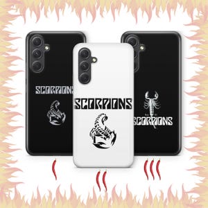 May include: Three black phone cases with white scorpion graphics and the text "Scorpions" on them. The middle case is white with black graphics.