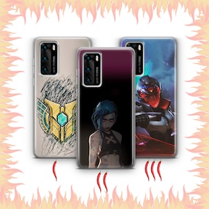 May include: Three phone cases with different designs. The first case has a black and gold design with a symbol. The second case has a purple background with a female character with blue hair. The third case has a red and black design with a character wearing a helmet.