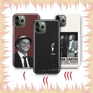 May include: Three phone cases featuring Frank Sinatra. The first case is red with a black and white photo of Sinatra wearing a fedora. The second case is black with a black and white photo of Sinatra singing into a microphone. The third case is white with a black and white photo of Sinatra performing on stage. The text on the white case reads "Frank Sinatra Monte Carlo Night Saturday 14 June '58".