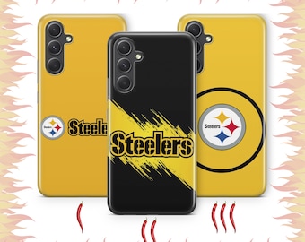 May include: Three black and yellow phone cases featuring the Pittsburgh Steelers logo and the word "Steelers" in black lettering. The cases are displayed against a white background with a red and yellow flame design around the border.