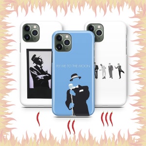 May include: Three white iPhone cases with different designs. The first case has a black and white silhouette of a man in a suit. The second case is light blue with the text "Fly Me To The Moon" and a black and white silhouette of a man singing into a microphone. The third case has a black and white silhouette of five men in suits.