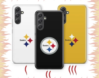 May include: Three phone cases in white, black, and yellow, each displaying the Pittsburgh Steelers logo. The logo is a gold, red, and blue starburst with the word "Steelers" beneath. The cases are set against a white backdrop.