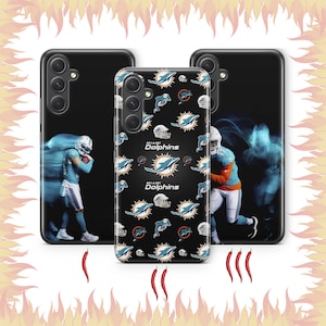 May include: Three phone cases with different designs. The first case is black with a blurry image of a football player. The second case has a pattern of Miami Dolphins logos on a black background. The third case is black with a blurry image of a football player.