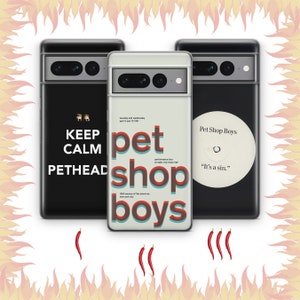 May include: Three phone cases with distinct designs. One black case reads "KEEP CALM PETHEAD". Another features a Pet Shop Boys concert poster. The third case has a record label design with the text "It's a sin."