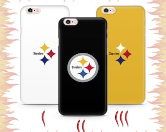 May include: Three different phone cases featuring the Pittsburgh Steelers logo. The cases are white, black, and yellow. The logo is a black and white star with the words "Steelers" in black.