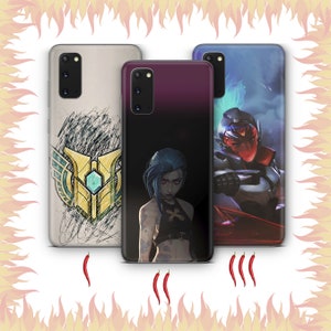 May include: Three different phone cases with various designs. The first case is gray with a black and gold graphic. The second case is black with a purple gradient and a graphic of a female character with blue hair. The third case is blue with a graphic of a character wearing a helmet and a blue and white suit.