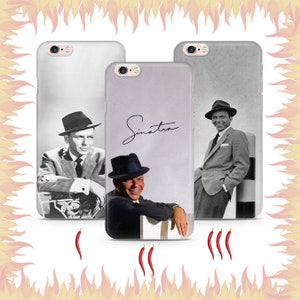 May include: Three different phone cases featuring black and white photos of Frank Sinatra. The first case shows Sinatra in a suit and hat, the second case shows Sinatra in a suit and hat with his signature, and the third case shows Sinatra in a suit and hat with a microphone.