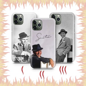 May include: Three phone cases featuring a black and white photo of Frank Sinatra. The case on the left features Sinatra wearing a fedora and a suit. The case in the middle features Sinatra's name in cursive. The case on the right features Sinatra wearing a fedora and a suit, standing in front of a building.