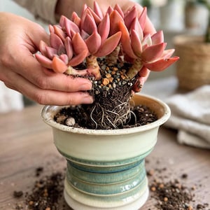 May include: A cluster of pink succulent plants with exposed roots and soil being placed into a ceramic pot. The pot features a flared rim and a cylindrical body with a gradient glaze transitioning from cream at the top and bottom to teal in the center.
