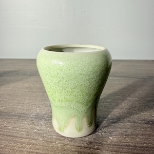 May include: A ceramic vase with a wide, rounded rim that tapers toward the base. The exterior features a textured, speckled light green glaze on the upper portion, which transitions into a smooth, creamy off-white finish near the bottom.