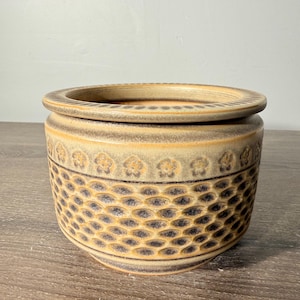 May include: A cylindrical ceramic planter with a wide, flat rim. The exterior features a textured, honeycomb-like pattern in dark brown and tan, topped by a horizontal band decorated with a repeating small flower motif in muted earth tones.