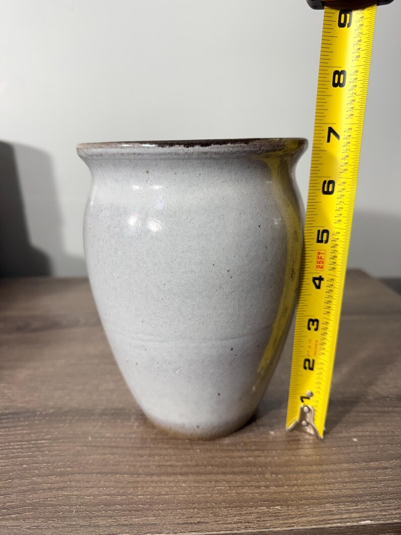 May include: A light blue ceramic vase with a dark brown rim. The vase is approximately 7 inches tall. The vase has a speckled texture and a slightly flared top. The vase is on a wooden surface.