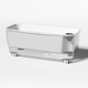 May include: A rectangular self-watering planter featuring a white inner basin nested within a clear outer reservoir. The design includes four small clear feet at the base and a small gray circular water inlet port located on the top rim.