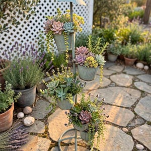 Vintage 5 Tier Metal Plant Stand with Umbrella Top | Distressed Aqua green Bucket Planter | Indoor Outdoor Succulent Flower Pot Holder