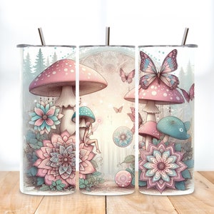 Fantasy Mushrooms Tumbler Wrap, Magical Fairy 20 Oz Skinny Sublimation Tumbler PNG, Mushroom Mandala Forest Tumbler Design Tumbler Download