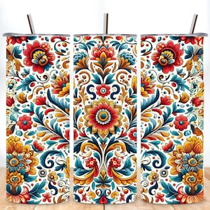 Mexican Floral Embroidery Pattern 16oz Libbey Glass Tumbler Wrap PNG File, Floral 16oz Tumbler Sublimation Wrap Design, Png Digital Download