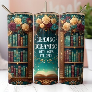 Bookish Tumbler Wrap Design, Reading is Dreaming Sublimation PNG, Row of Books Skinny Tumbler, Digital Download Tumbler Wrap Template