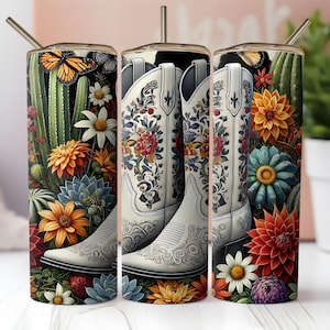 Western Cowgirl Boots Tumbler Wrap, 20 oz Skinny Tumbler Sublimation Design Wrap, Digital Download, Straight Design PNG, Cactus & Flowers