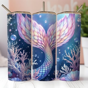 Mermaid 20 oz Tumbler Wrap, Customizable Glitter Iridescent Design, Skinny Sublimation PNG, Straight/Tapered Tumbler, Digital Download