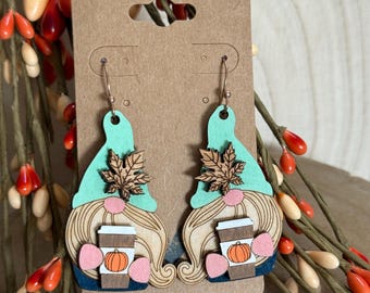 Hand-Painted Fall Gnome Dangle Earrings, Hypoallergenic